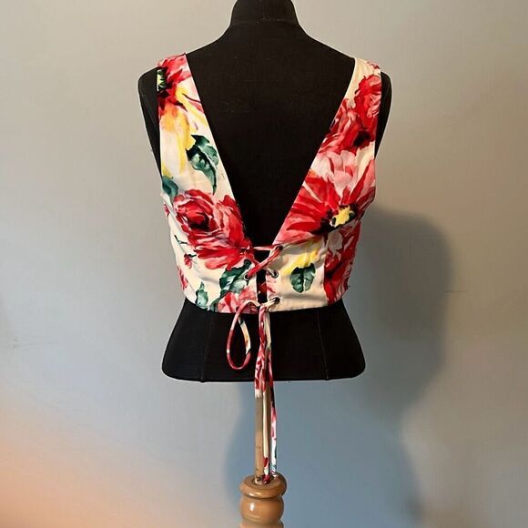 Guess Los Angeles Women's Multicolor Floral Tie Back Cropped Top Medium - Picture 4 of 9